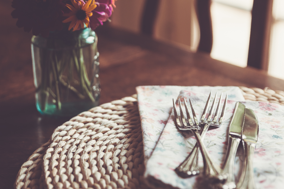 Long banquet table dressed for a wedding breakfast