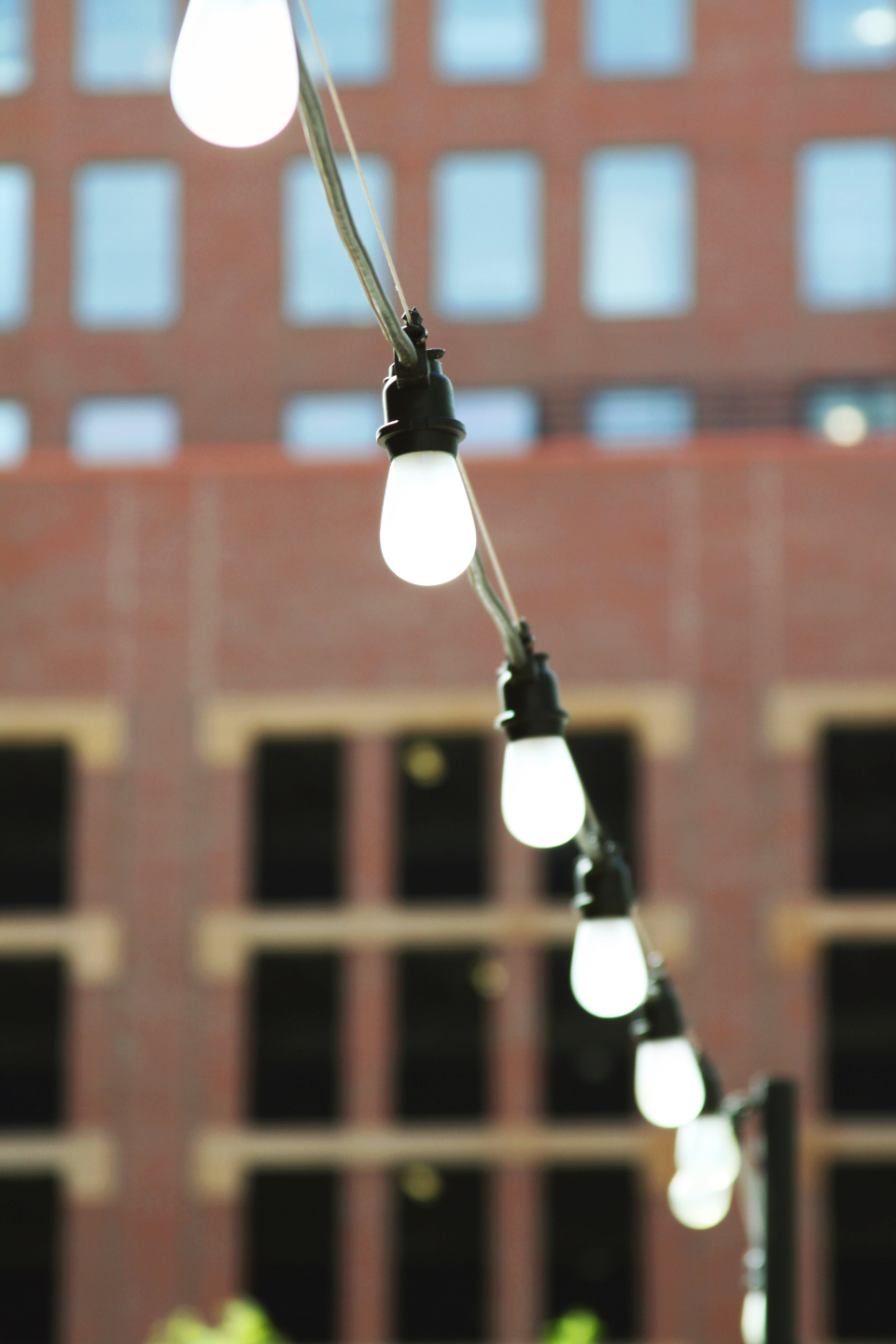Festoon bulbs lit above a party terrace